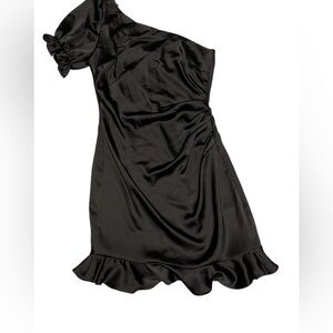 B.DARLING MINI SATIN DRESS ASYMMETRICAL NECK RUCHED ONE SHOULDER BLACK SIZE 7/8